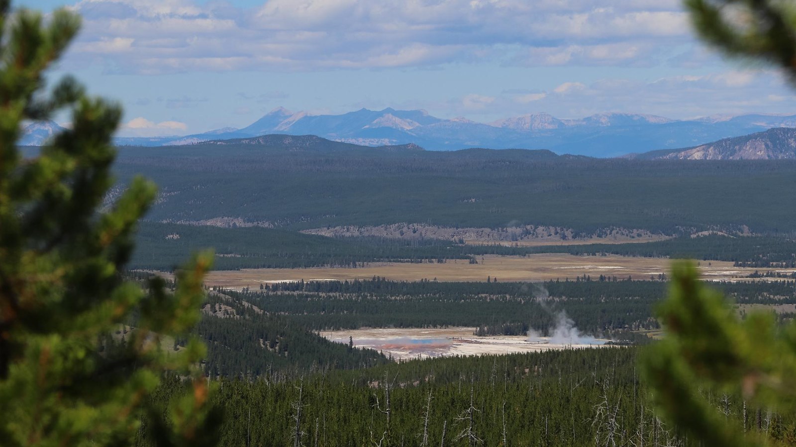 Looking down through the trees at a thermal basin and mountains in the distance.