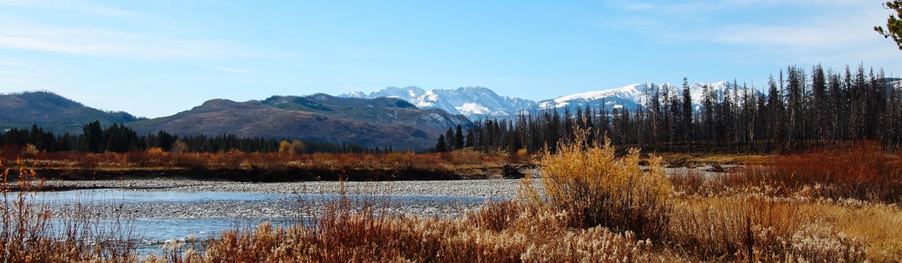 A river with mountains in the background.