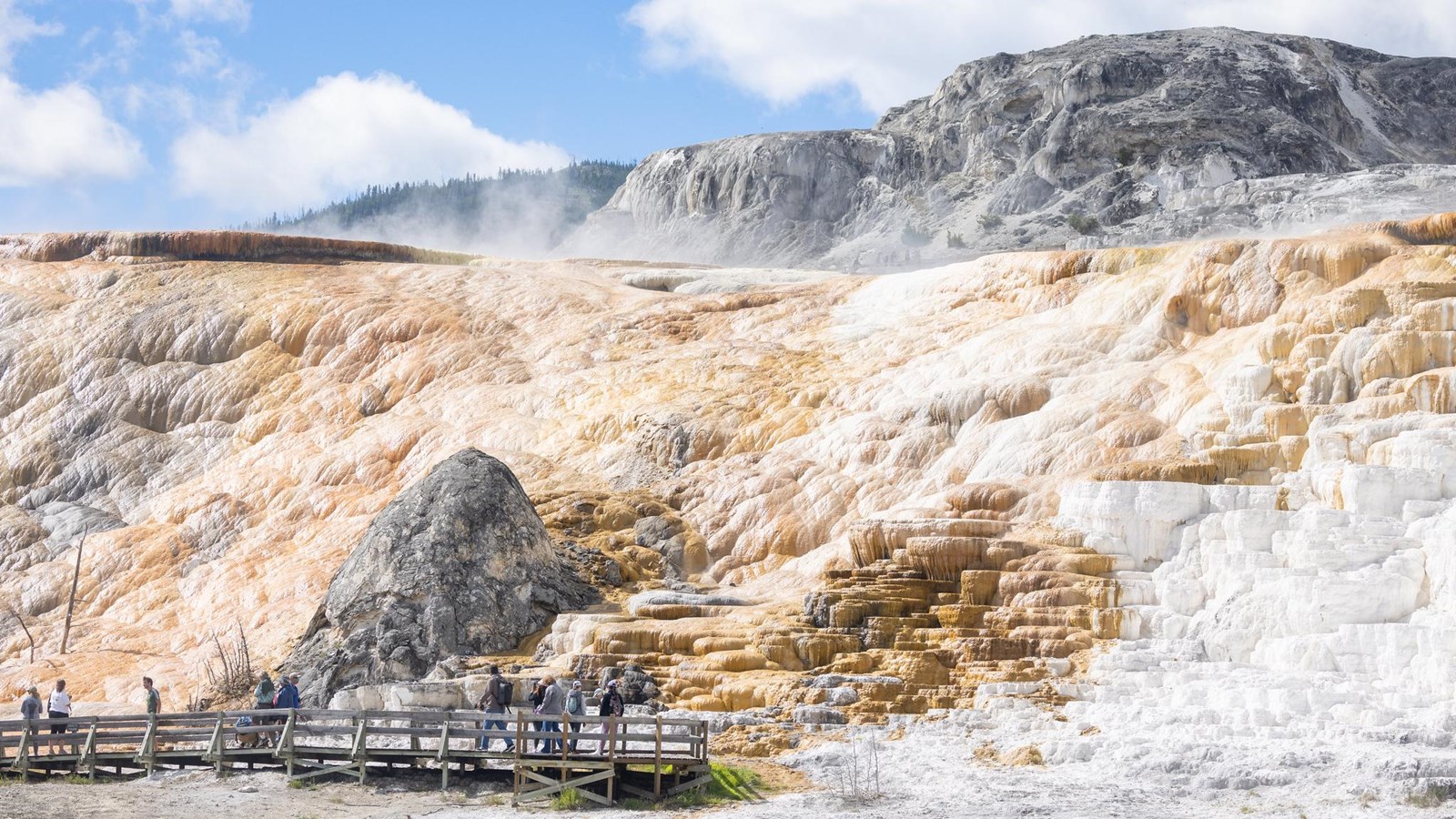 People stand on a boardwalk at the base of a steaming travertine terrace hydrothermal formation.