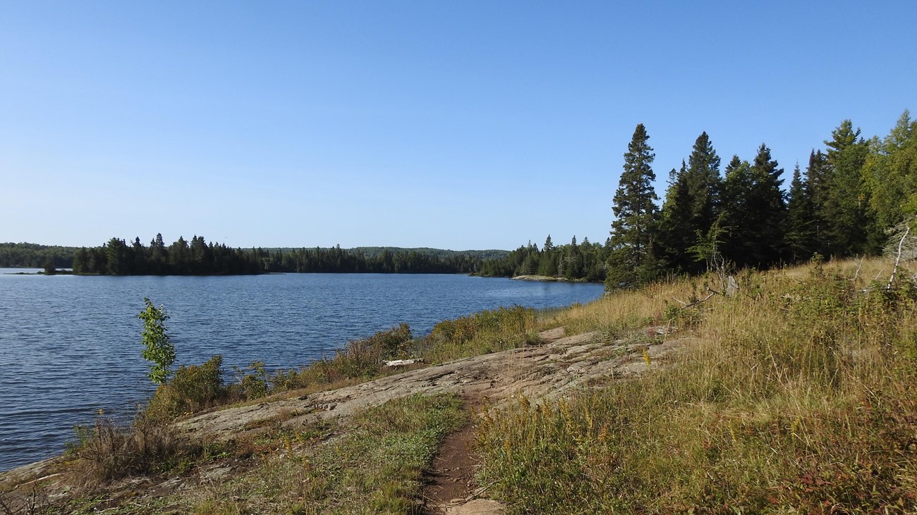 A trail by a small hill that leads to a lake. Forest in the distance. 