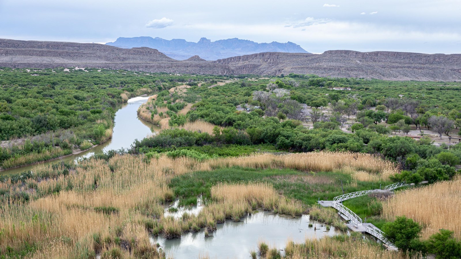A view looking out over a wetland pond, the Rio Grande, and the Chisos Mountains in the distance.