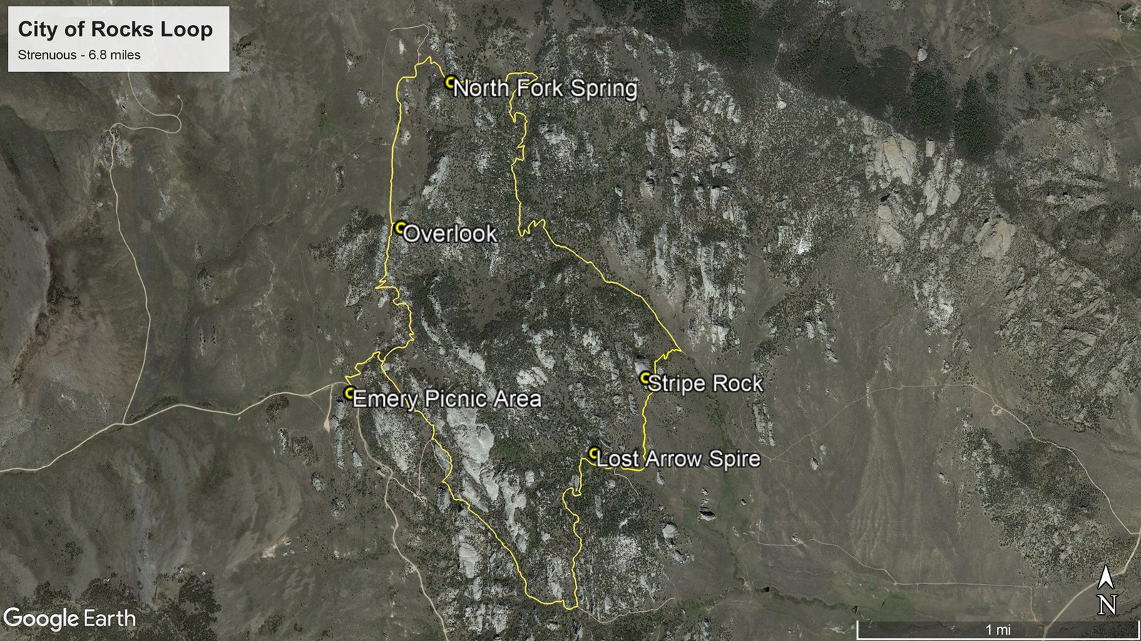 Satellite map highlighting the City of Rocks Loop route winding among granite formations.