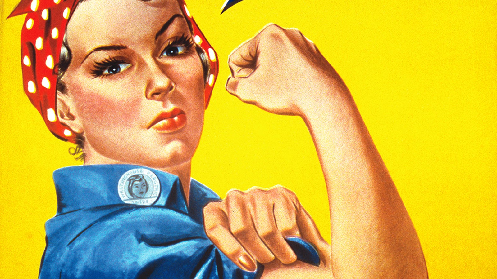 Vintage poster illustration of Rosie the Riveter with arm muscle pose. Bandana and work shirt.