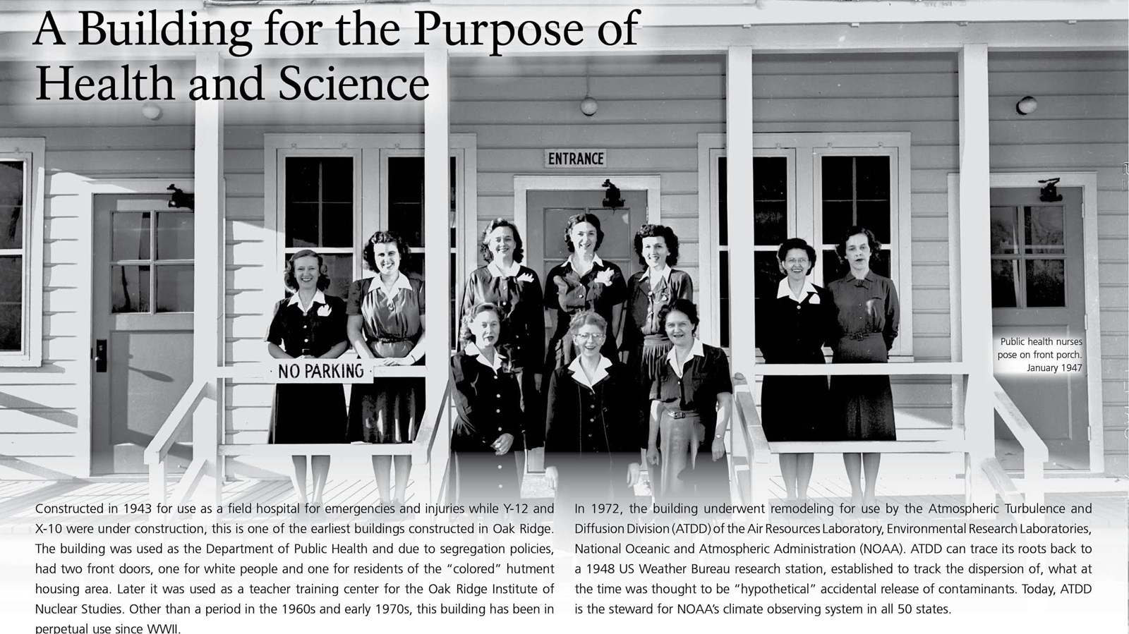 A wayside exhibit with text and a photo of several people standing on a porch.