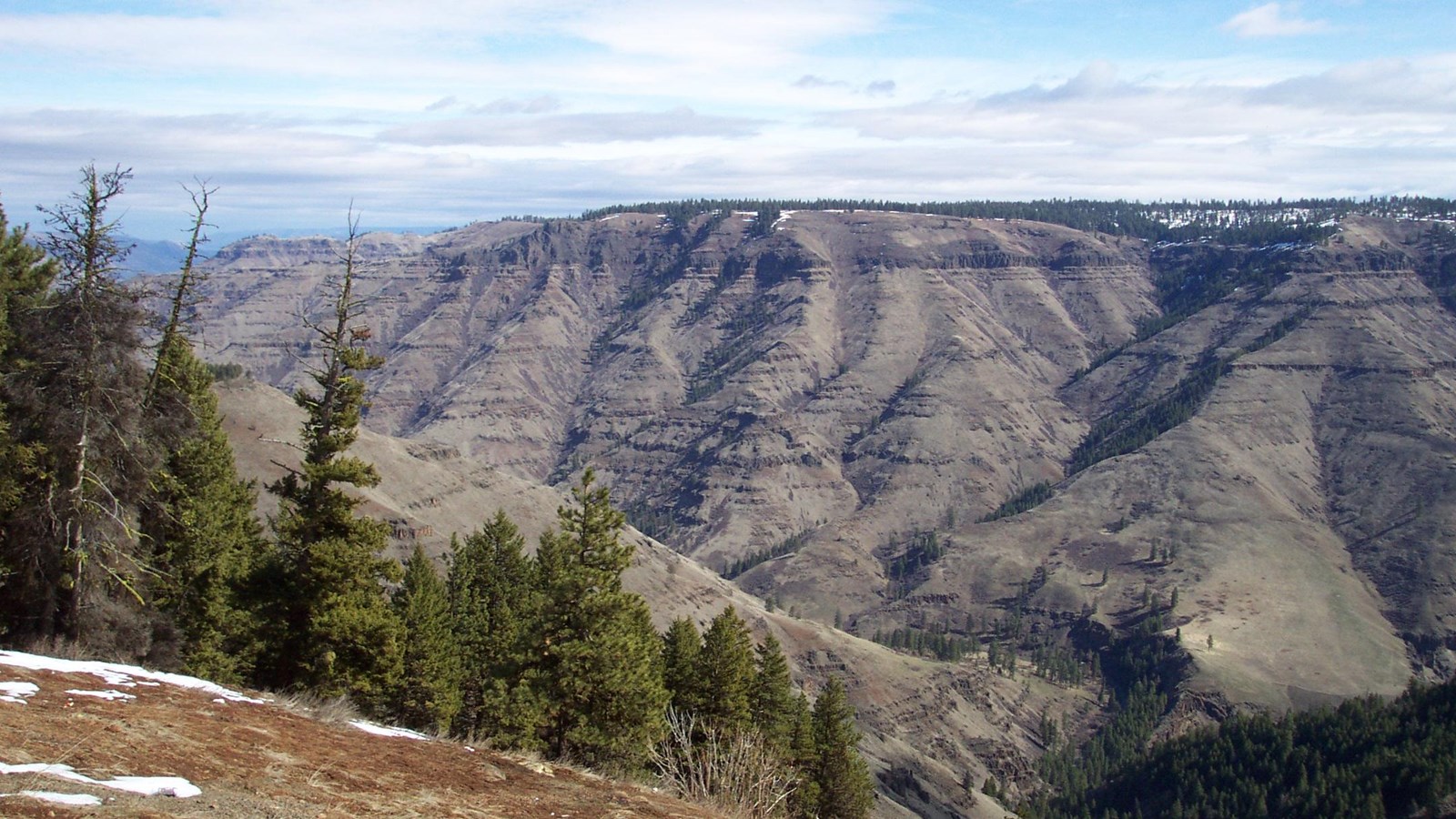 Trees, mountains, and clouds are all on display at the Joseph Canyon overlook.