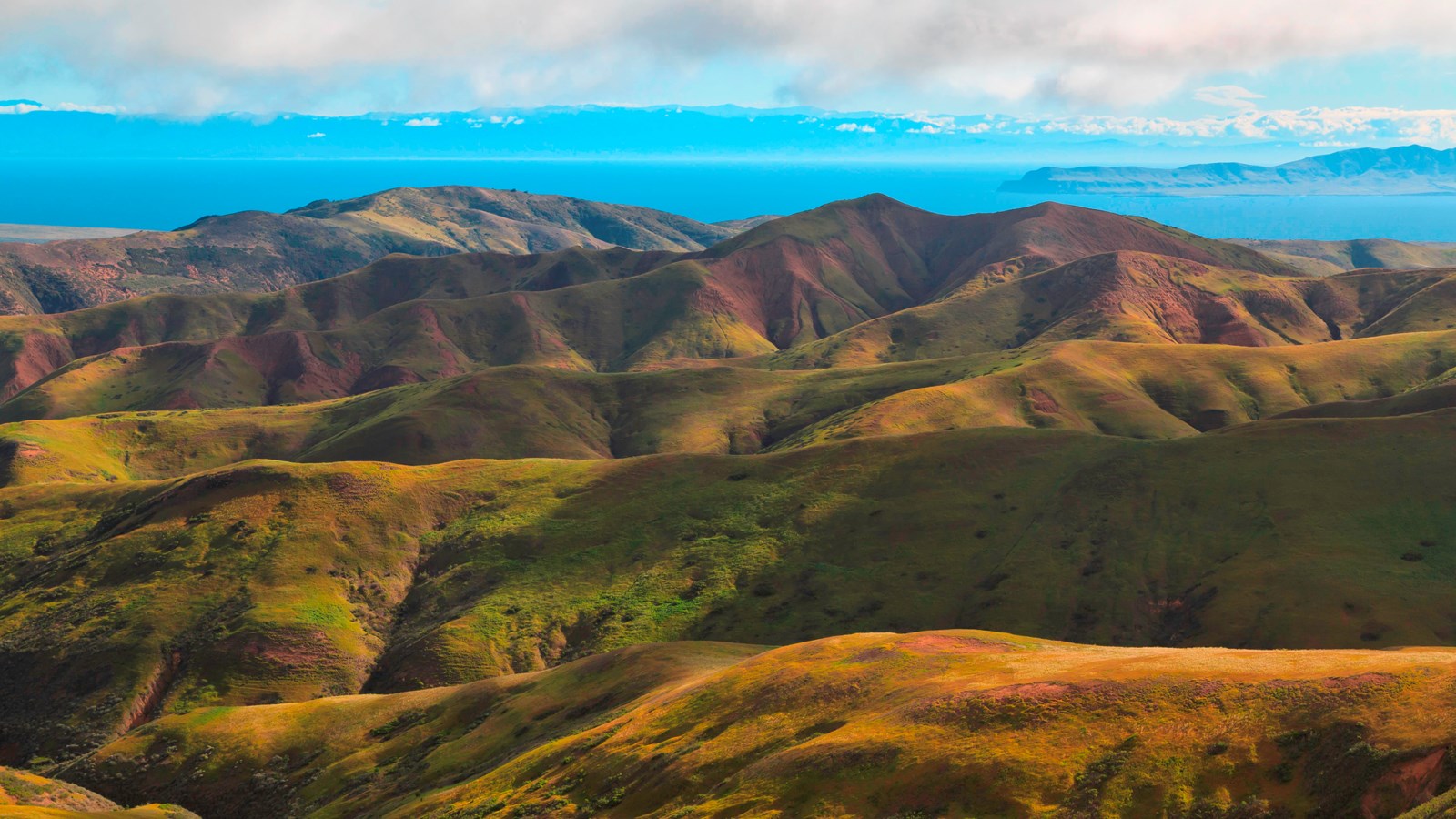View of rolling grass covered hills with shadows from clouds.