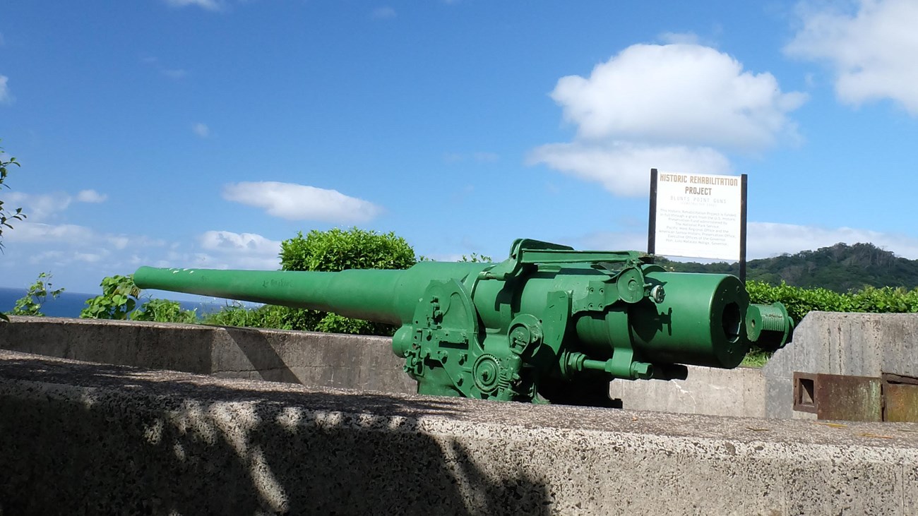 A green cannon sits on a concrete block pointing out toward the ocean in front of a cloudy blue sky.