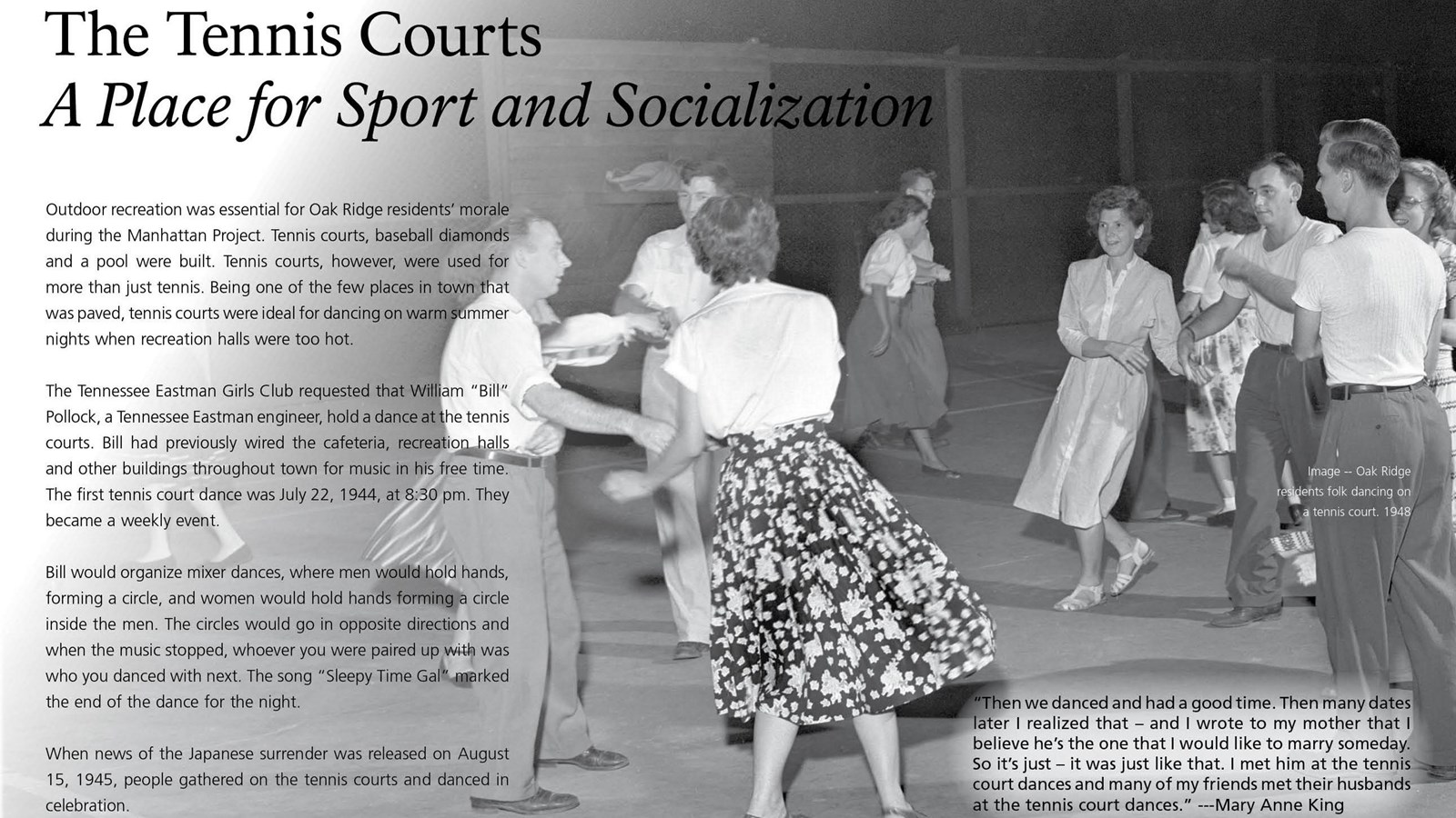 A wayside with text and a photo of people dancing on a tennis court.