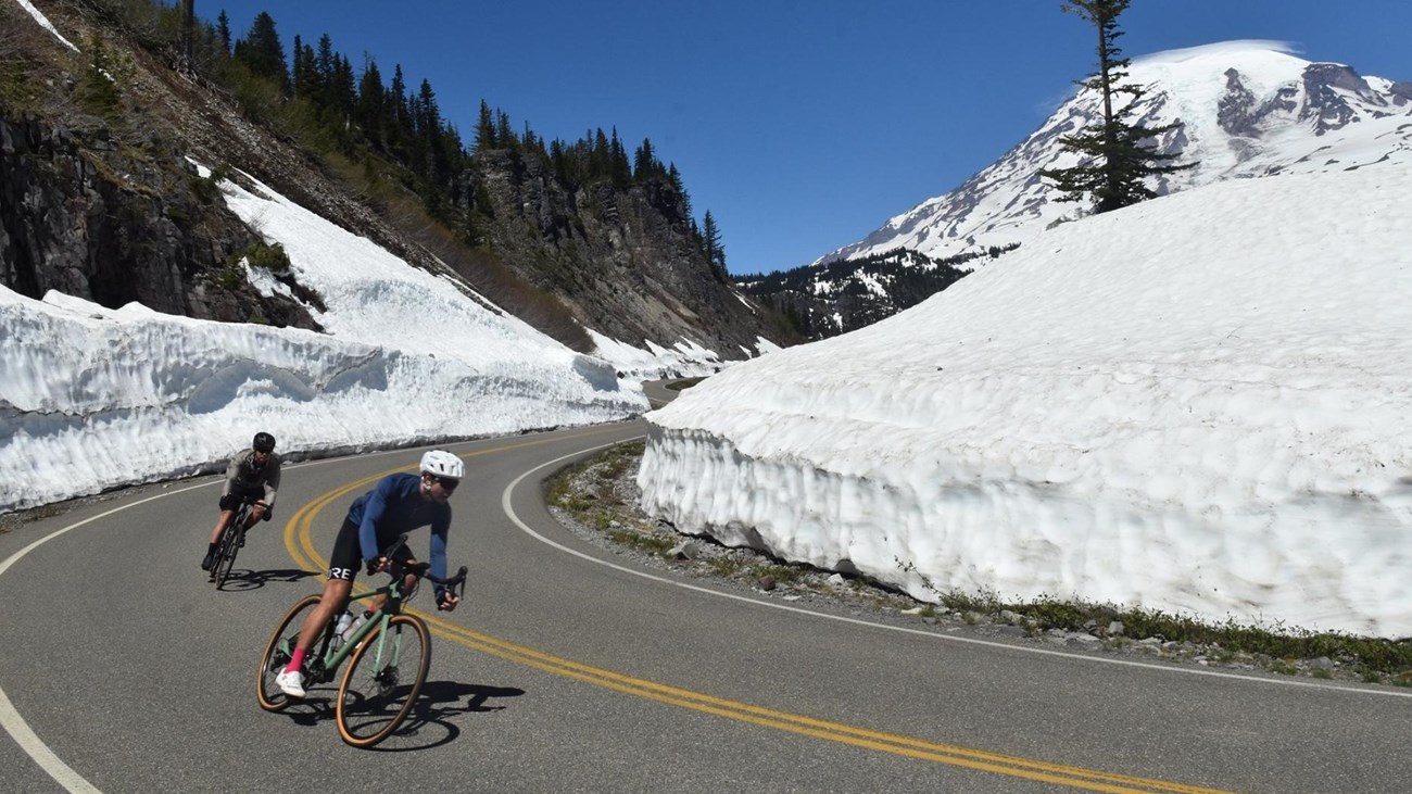Two bicyclists descend a steeply curving road bordered by snow banks. 