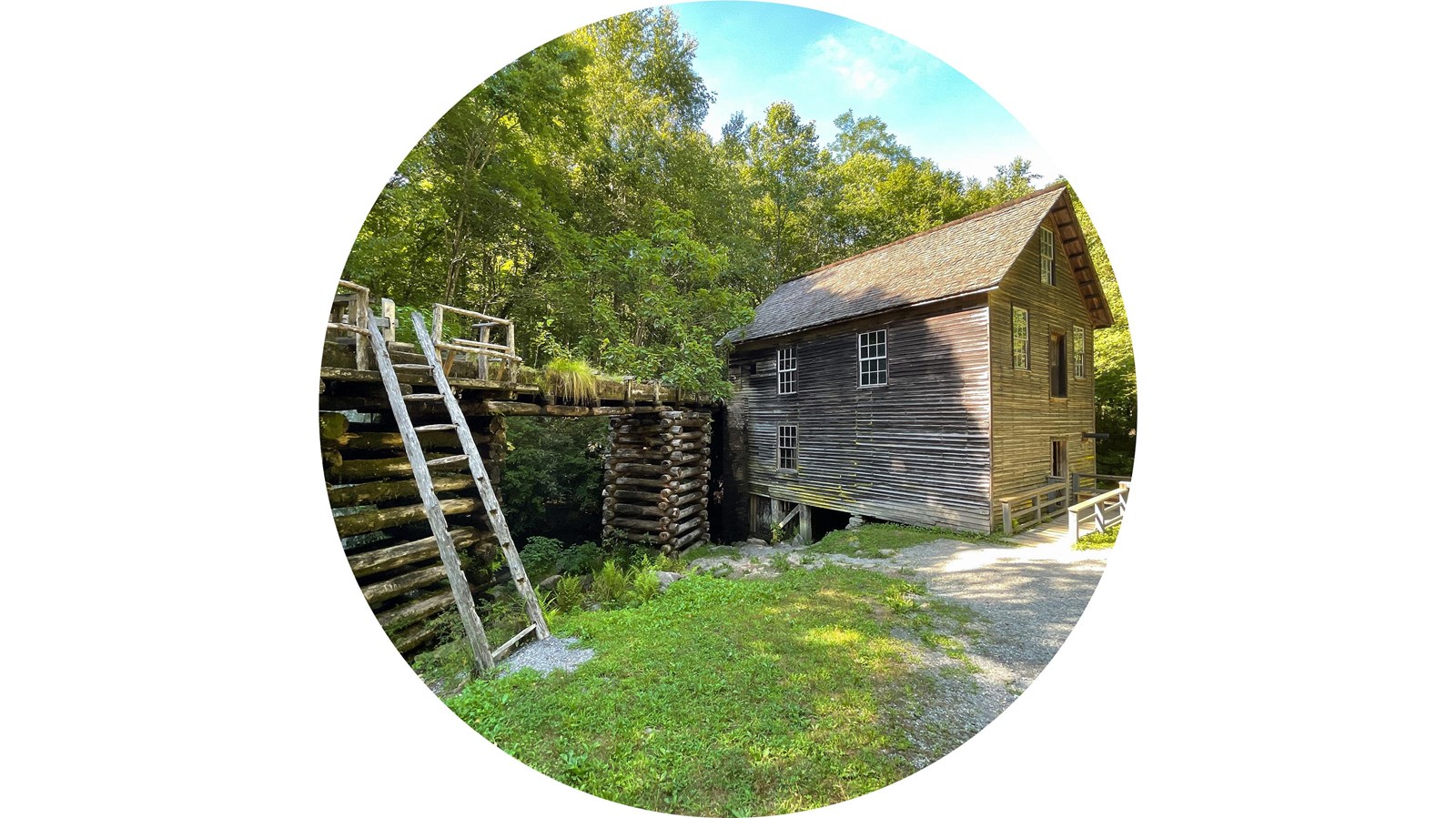 Historic gristmill surrounded by green trees. A ladder leans against part of the structure.