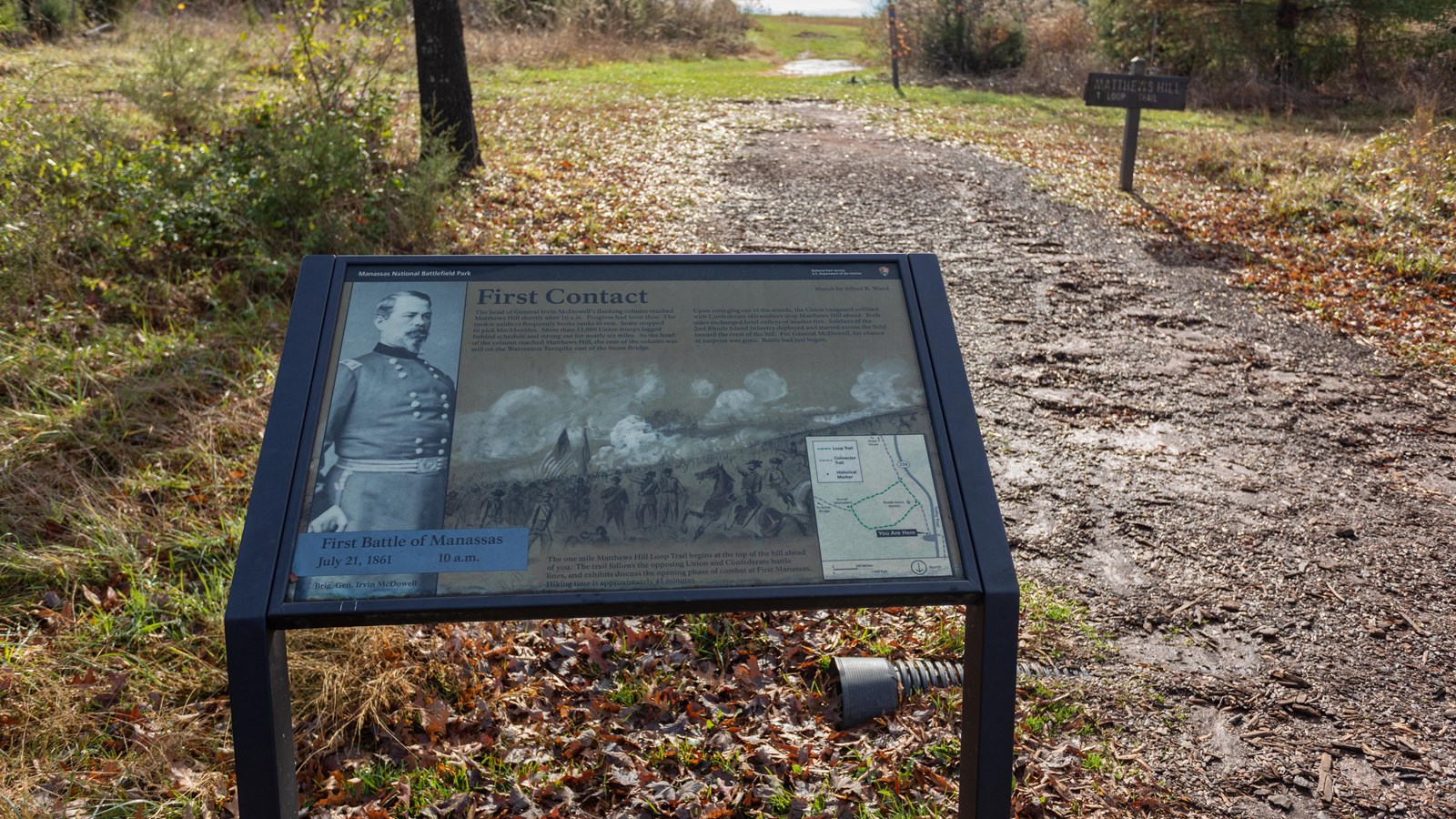 A picture of Gen. Irvin McDowell is displayed next to a drawing of battle in action.