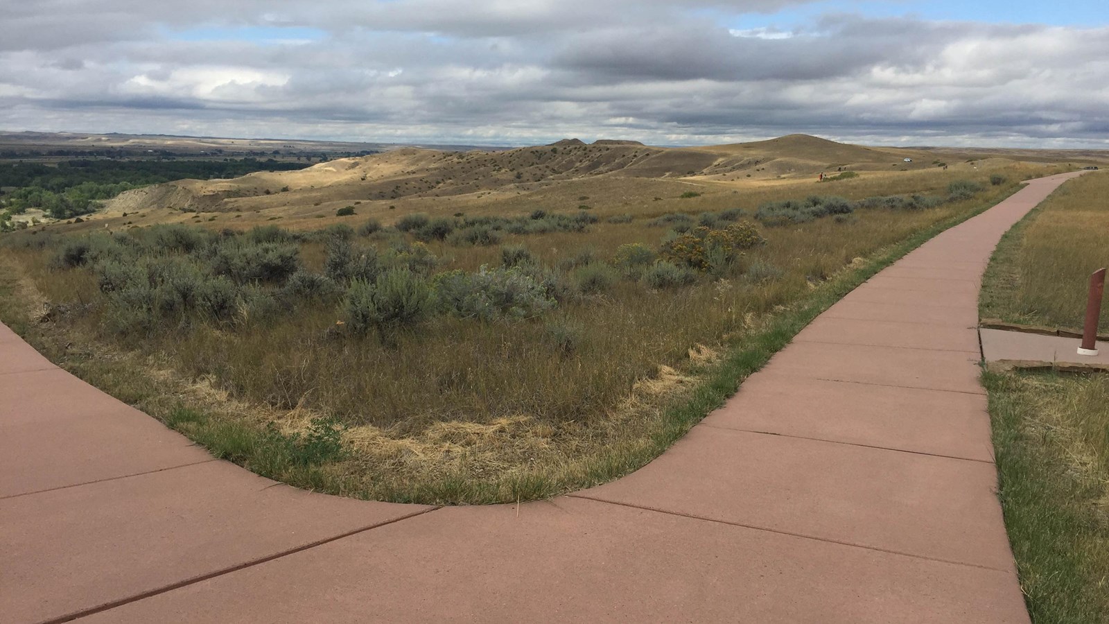 two paved paths split with views of hills and grass fields.