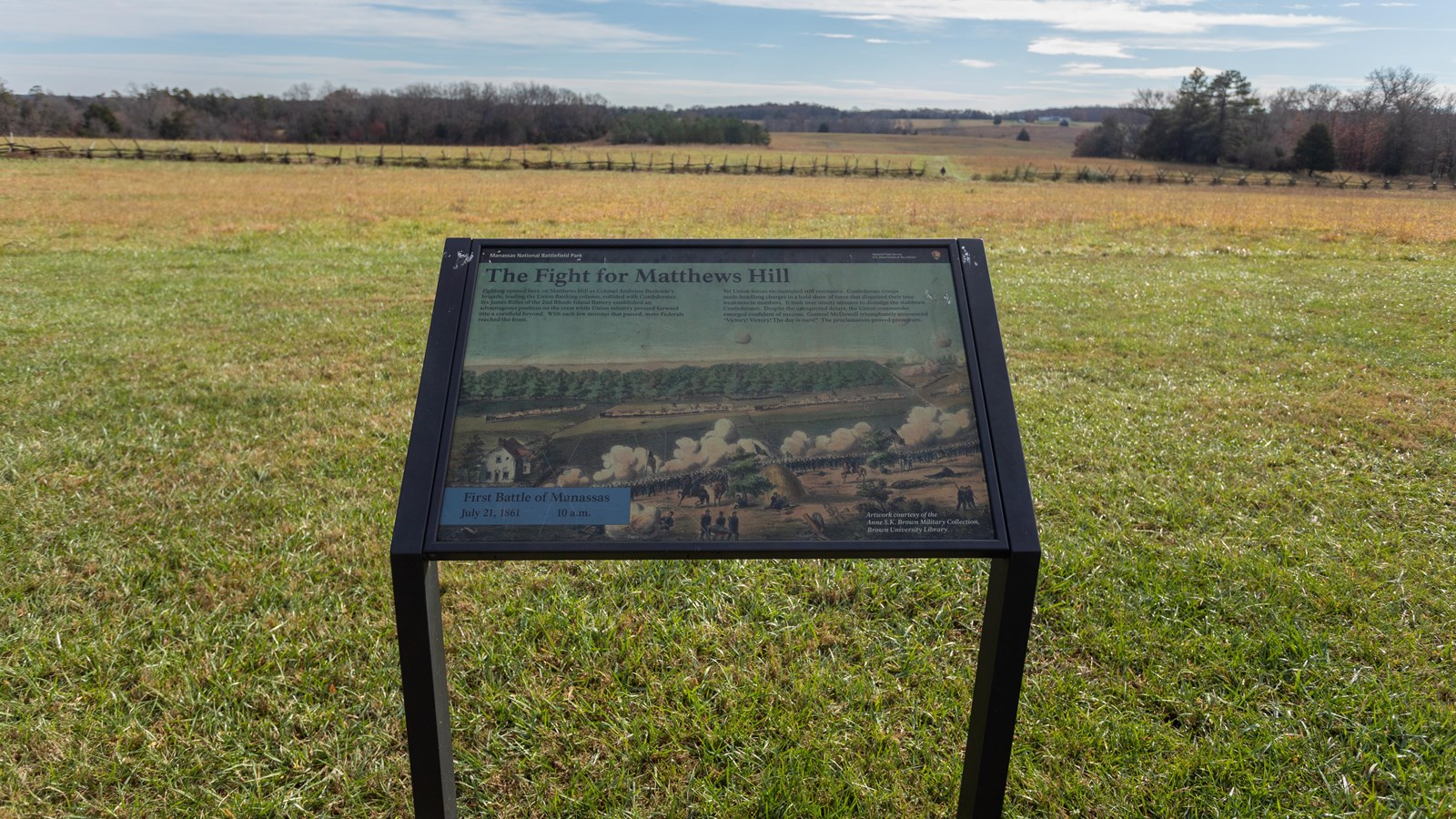 An artwork drawing of the Matthews Hill fight is displayed on an information panel.