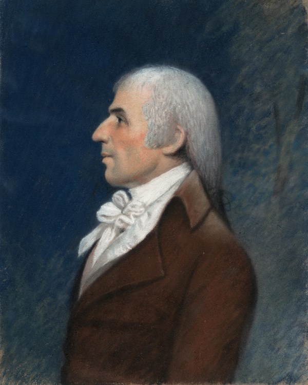 A pastel portrait of a man in profile wearing a powdered wig and brown coat.