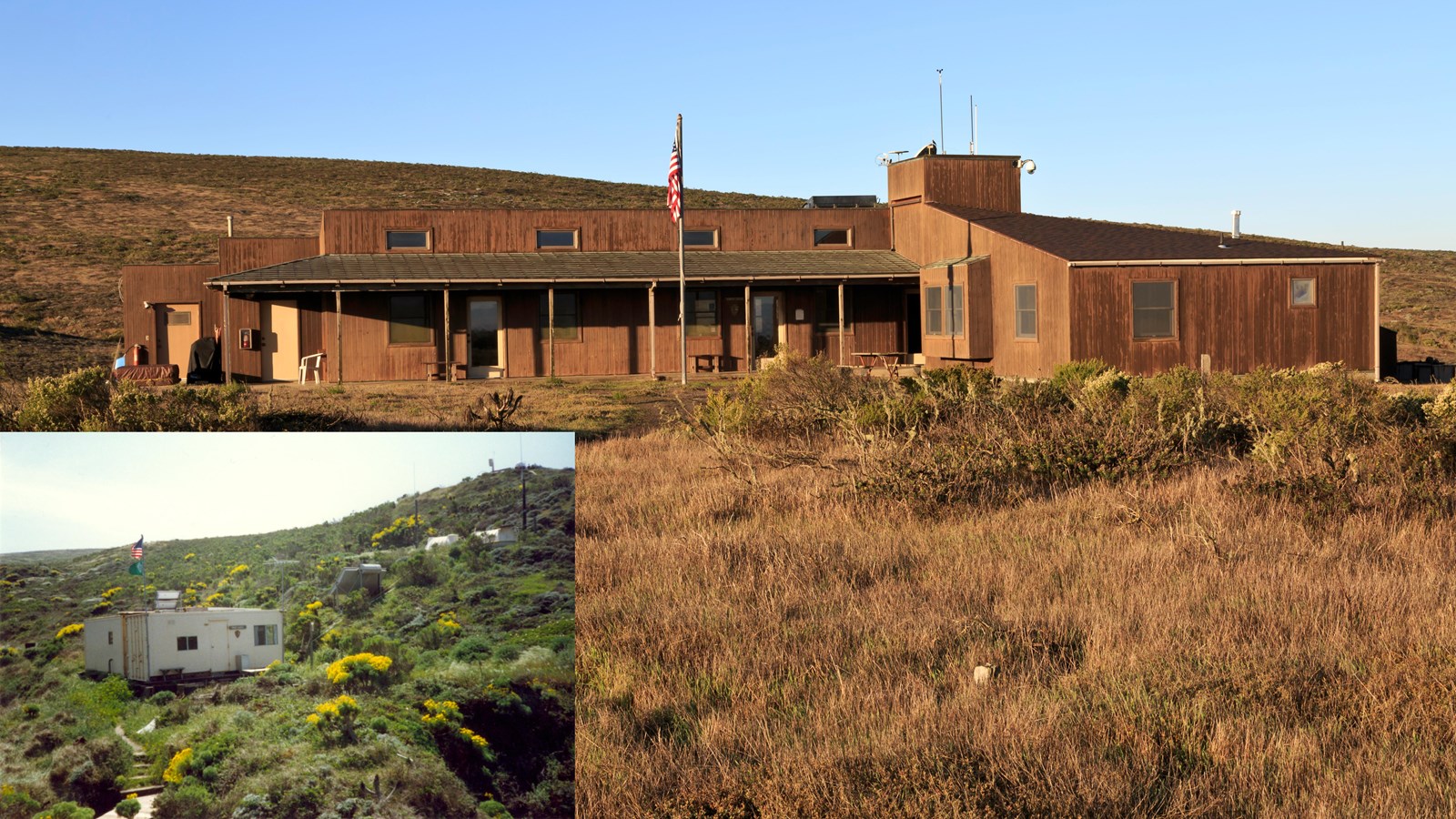 Wooden building with small lookout tower. inset: Small shipping container in canyon. 