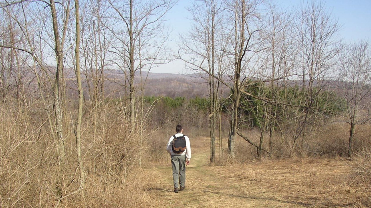 Hiker on a wide mowed trail in early spring.