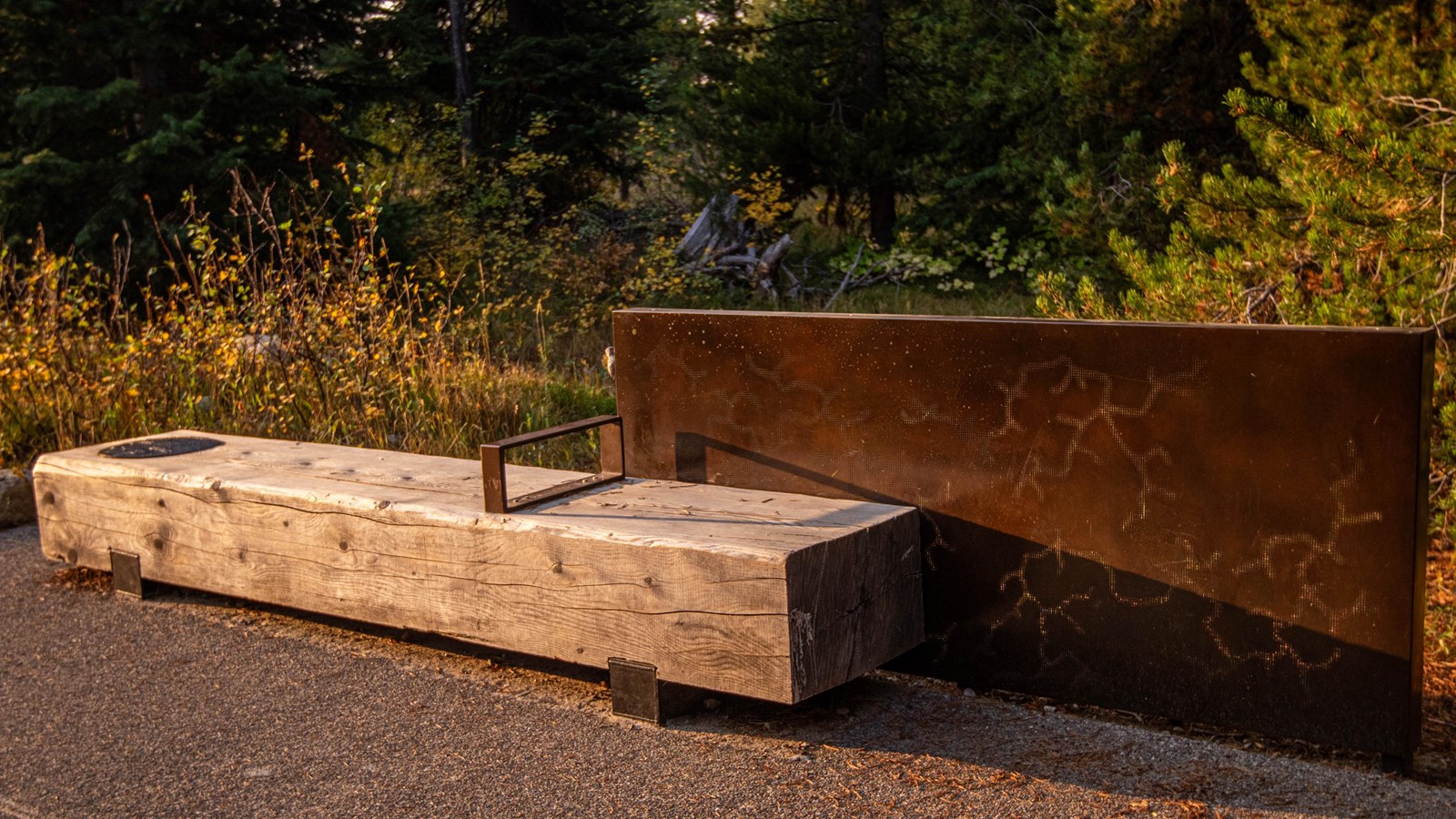 Discover the woodpecker and beetle at this wooden bench with bronze tactile features. 