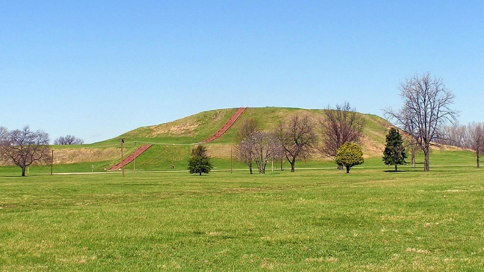 A brown staircase rising up a grassy hill