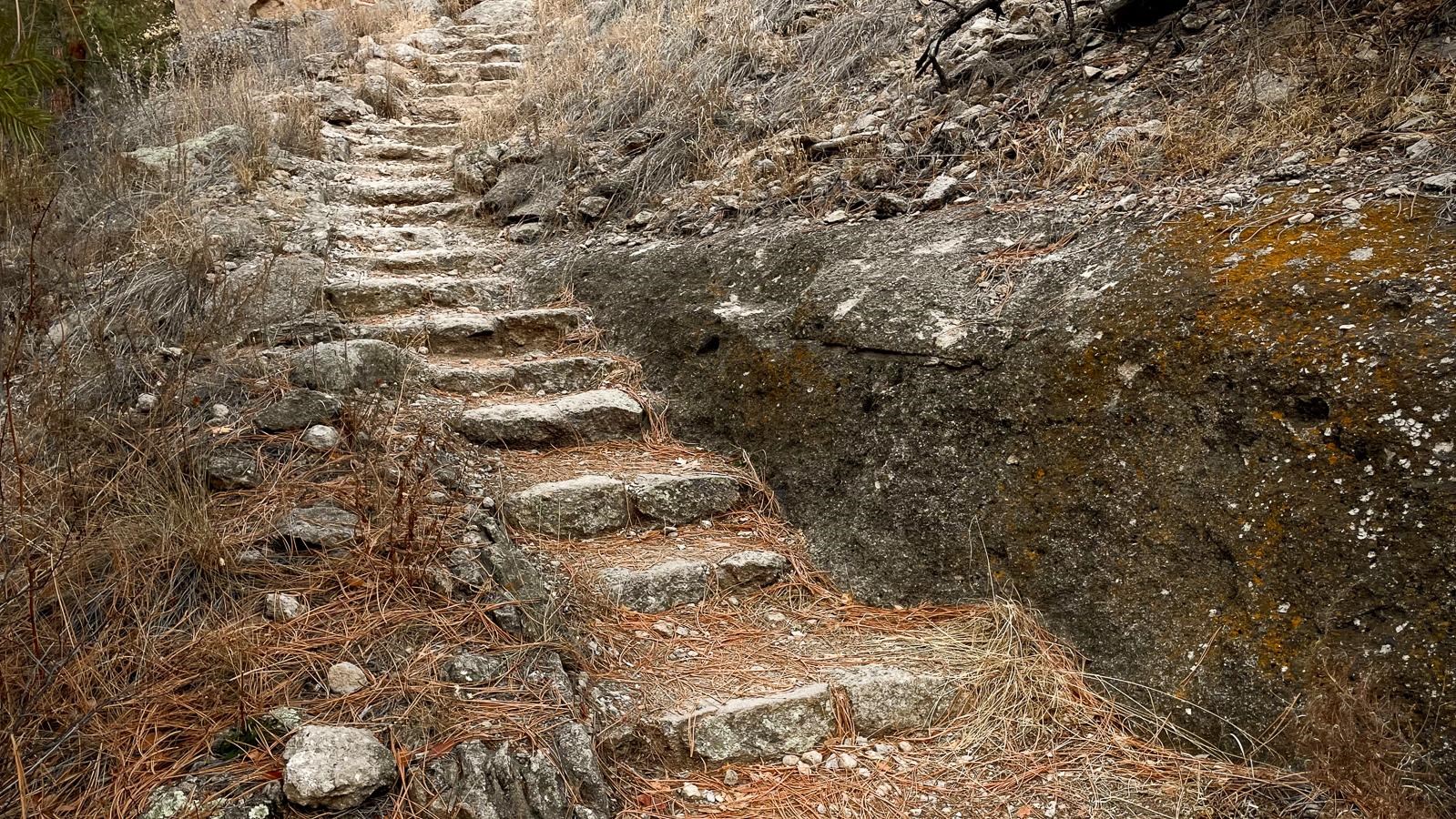 stone stairs laid in dirt with no handrails.