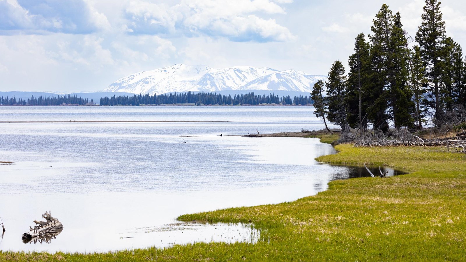 A creek spills into a large lake with mountains in the distance.