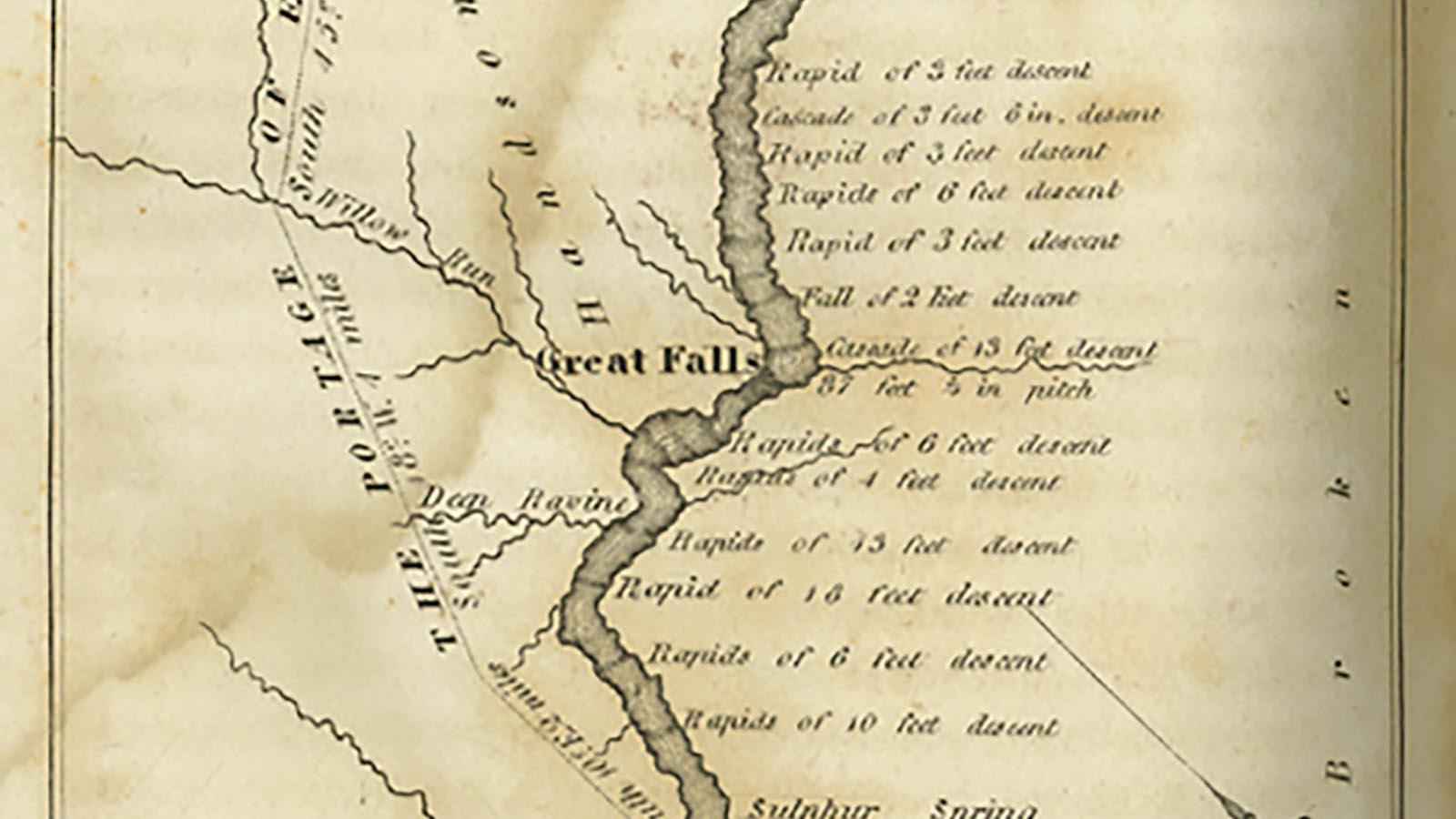 Black-and-white map of a river with notations and topography noted. 