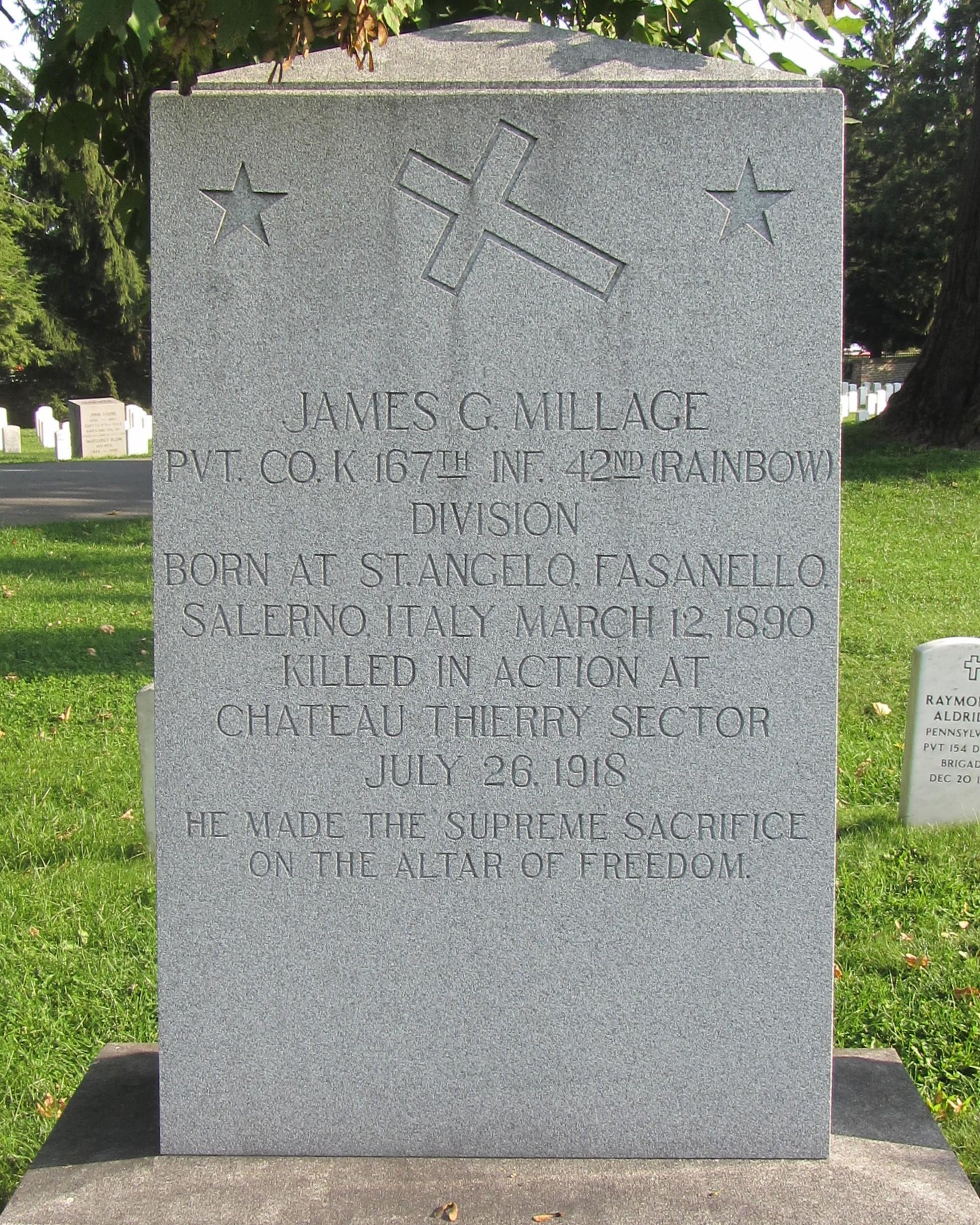 A large grey headstone for Private James Millage