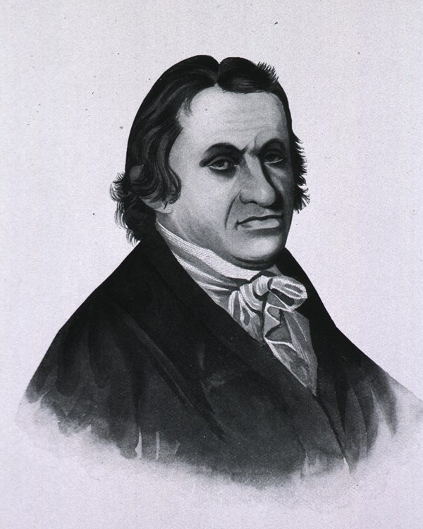 An engraved portrait of a man with dark hair and wearing a dark coat.