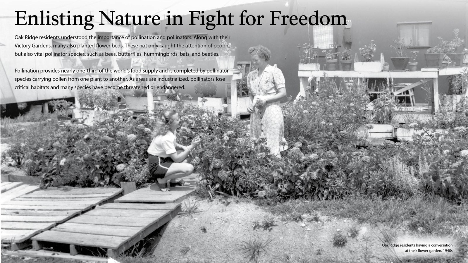 A wayside with text and an image of two people tending a garden.