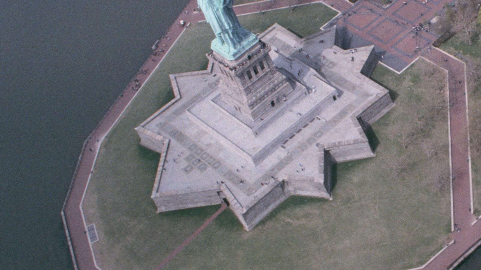 Aerial view of the 11-pointed star fort on Liberty Island in New York Harbor