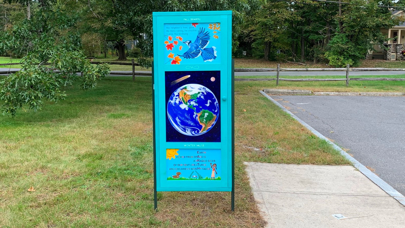A tall wooden door painted blue with the image of the earth from space. The door stands in grass.