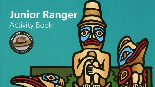 the cover of a Jr. Ranger Book with a stylized image of three totem poles