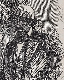 An illustration of a man with a mustache, bowler hat, and suit.