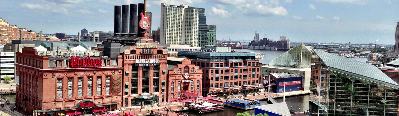 Photo looking down at Baltimore\'s Inner harbor with a view of the old power plant. 