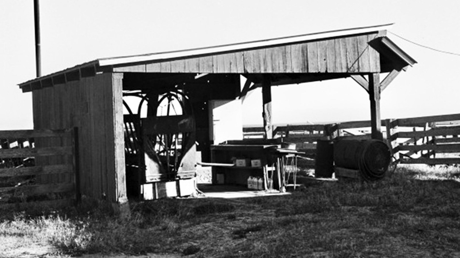 shed with metal roof and metal squeeze chute inside