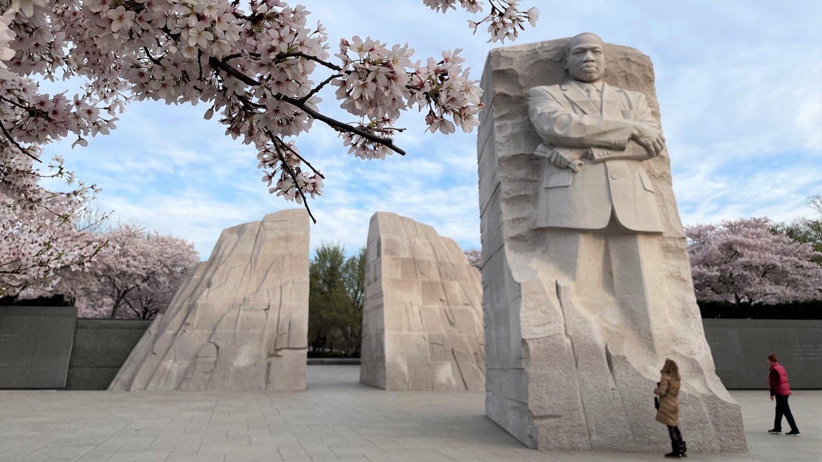 Large stone statue of a man with cherry blossoms in the foreground and large stones in background