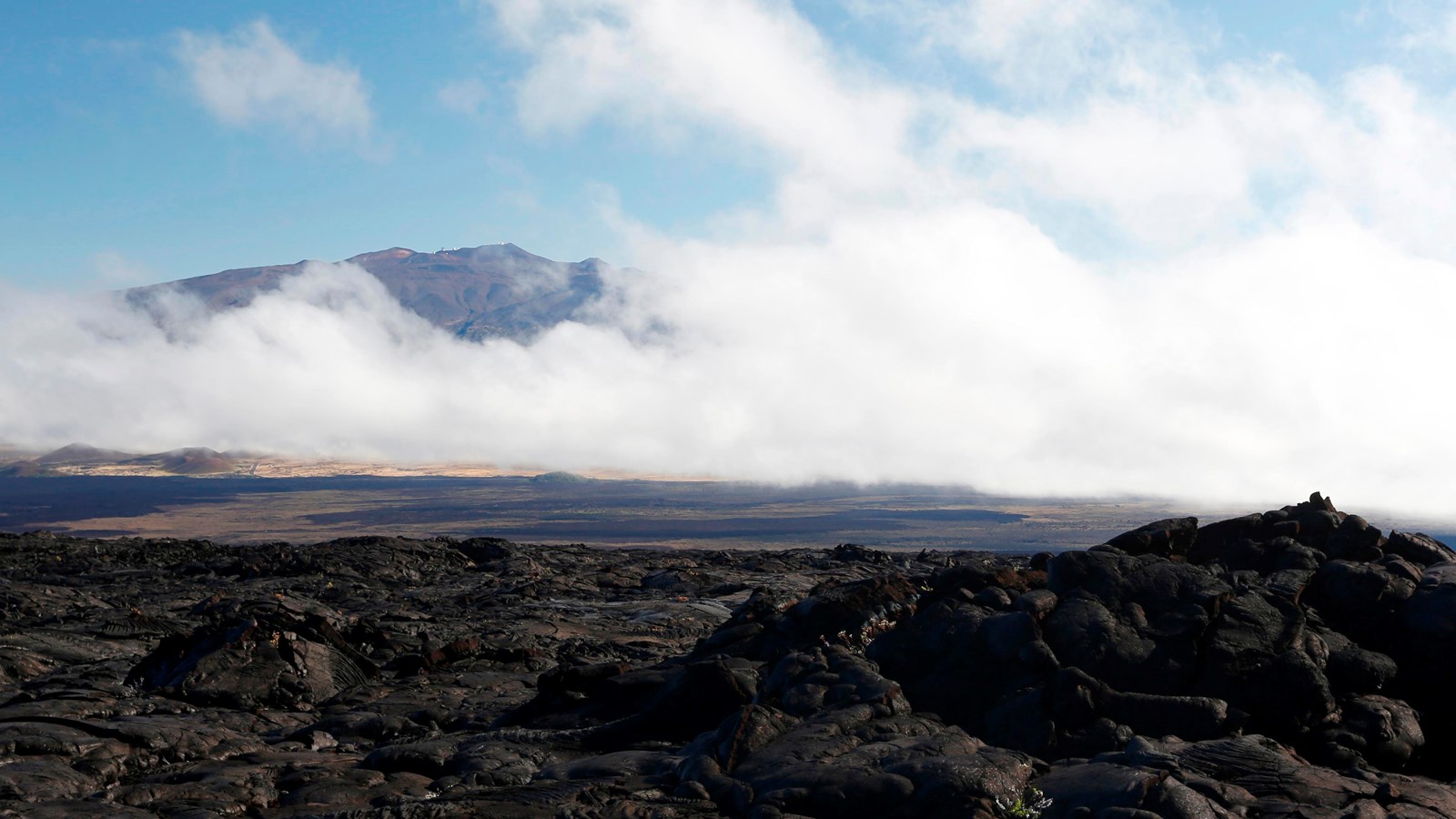 Black lava fields with a distant mountain obscured by clouds. 