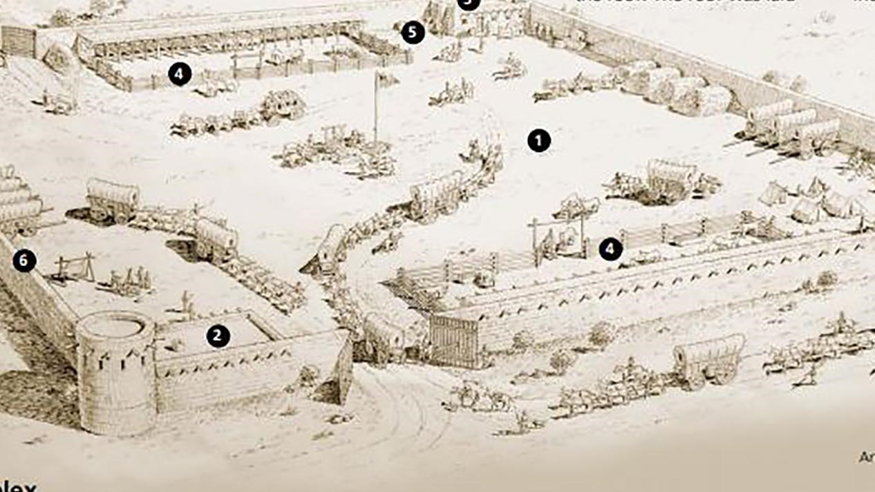 An illustration of a pioneer age frontier fort. Text is described in content.