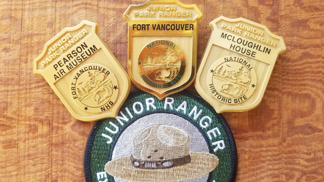 Three junior ranger badges and a patch.