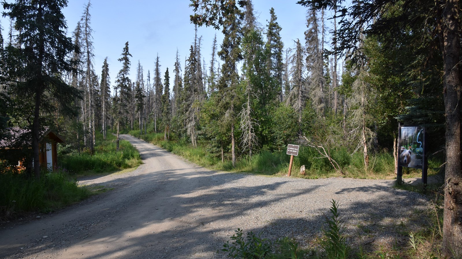 The view looking down a road with a small building to the left and a trailhead sign on the right