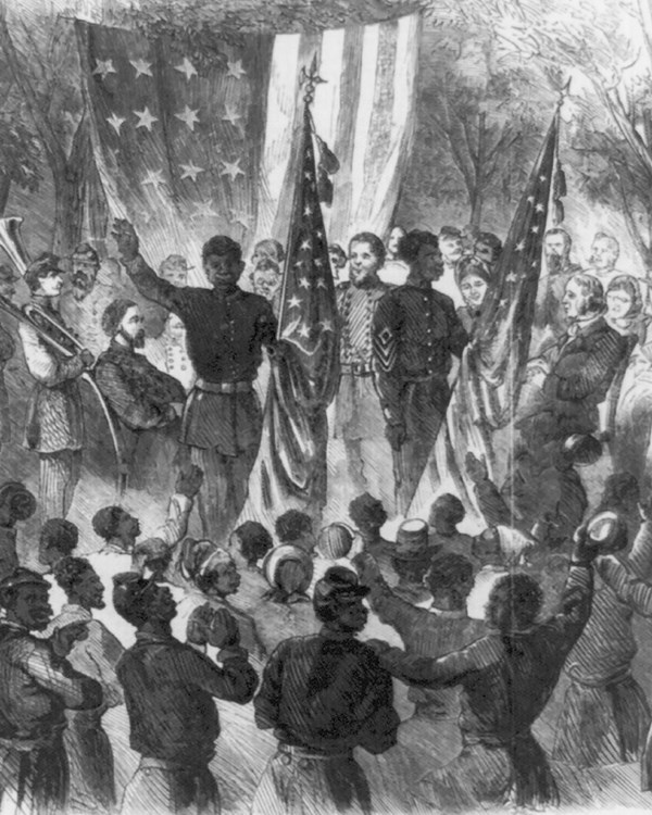 Historic drawing of a group of Black soldiers with American flags