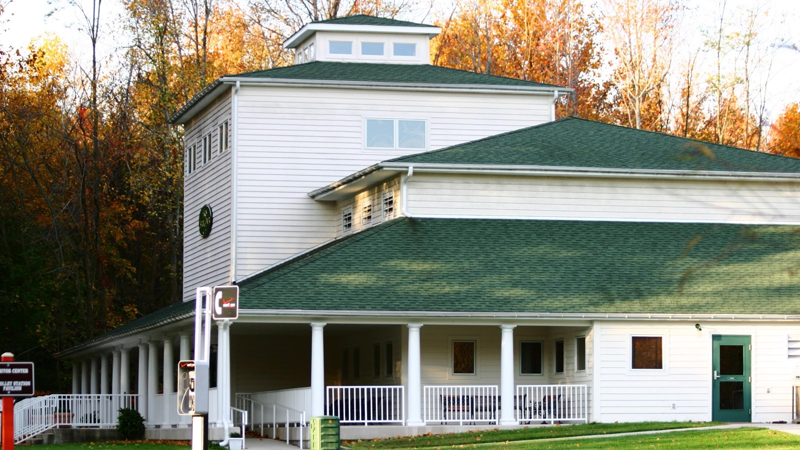 Multiple storied structure with green roofs. 