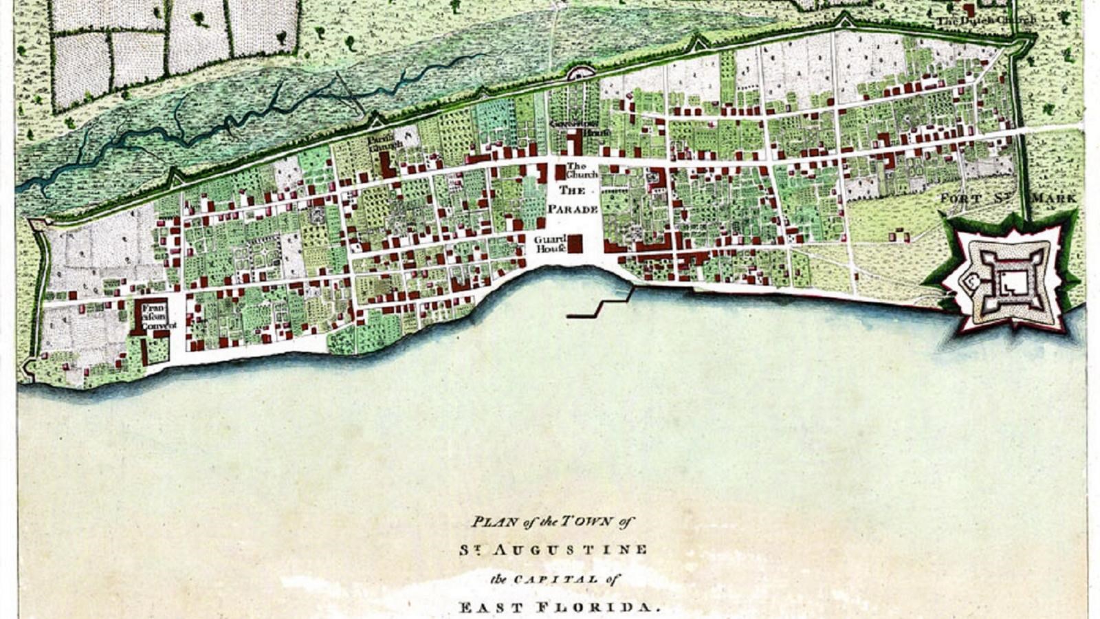 Illustrated overhead view of the Town of St Augustine as it looked in 1777