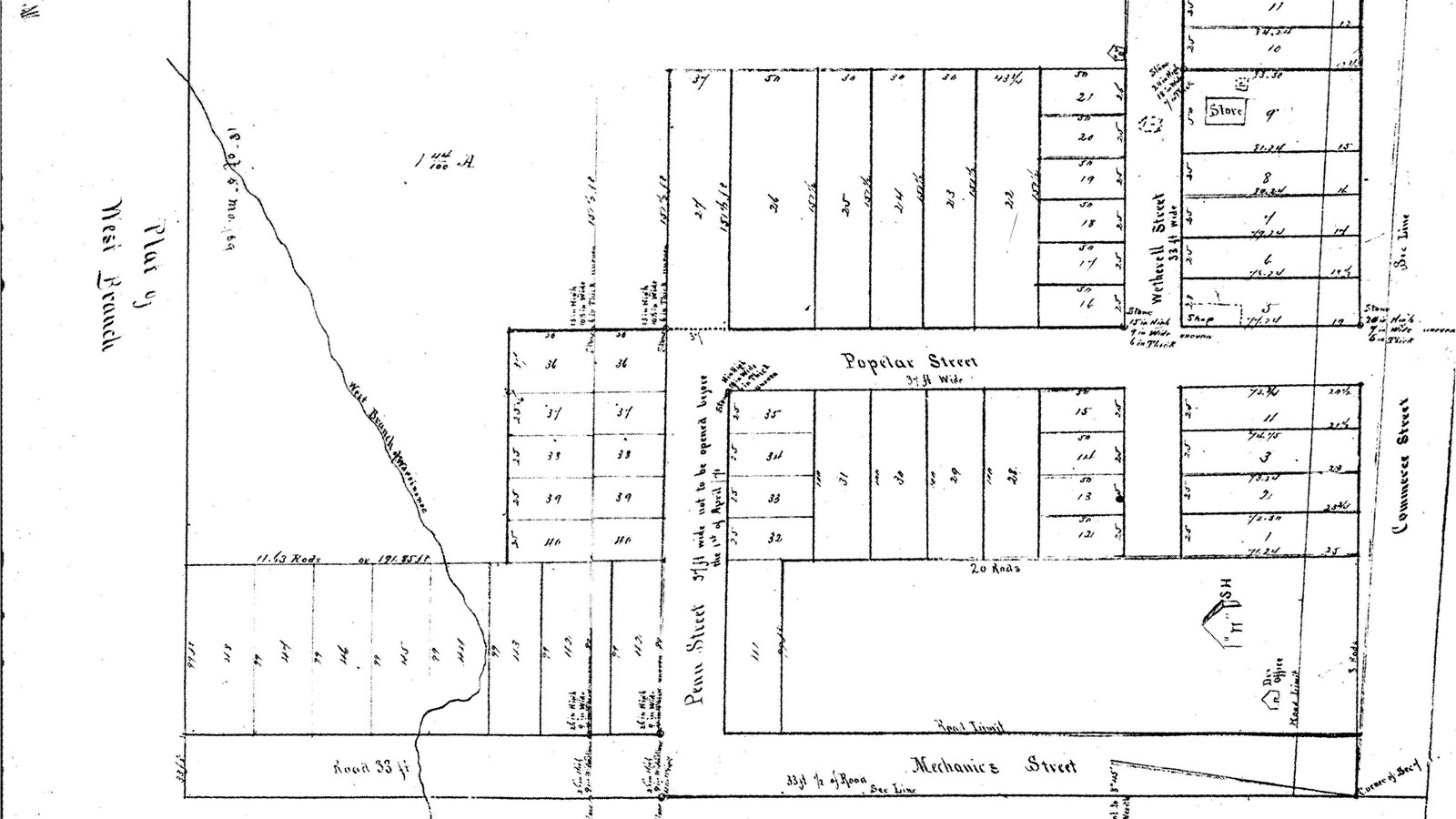 A hand-drawn plat map depicts a building labeled SH in a large plot on the corner of two streets.