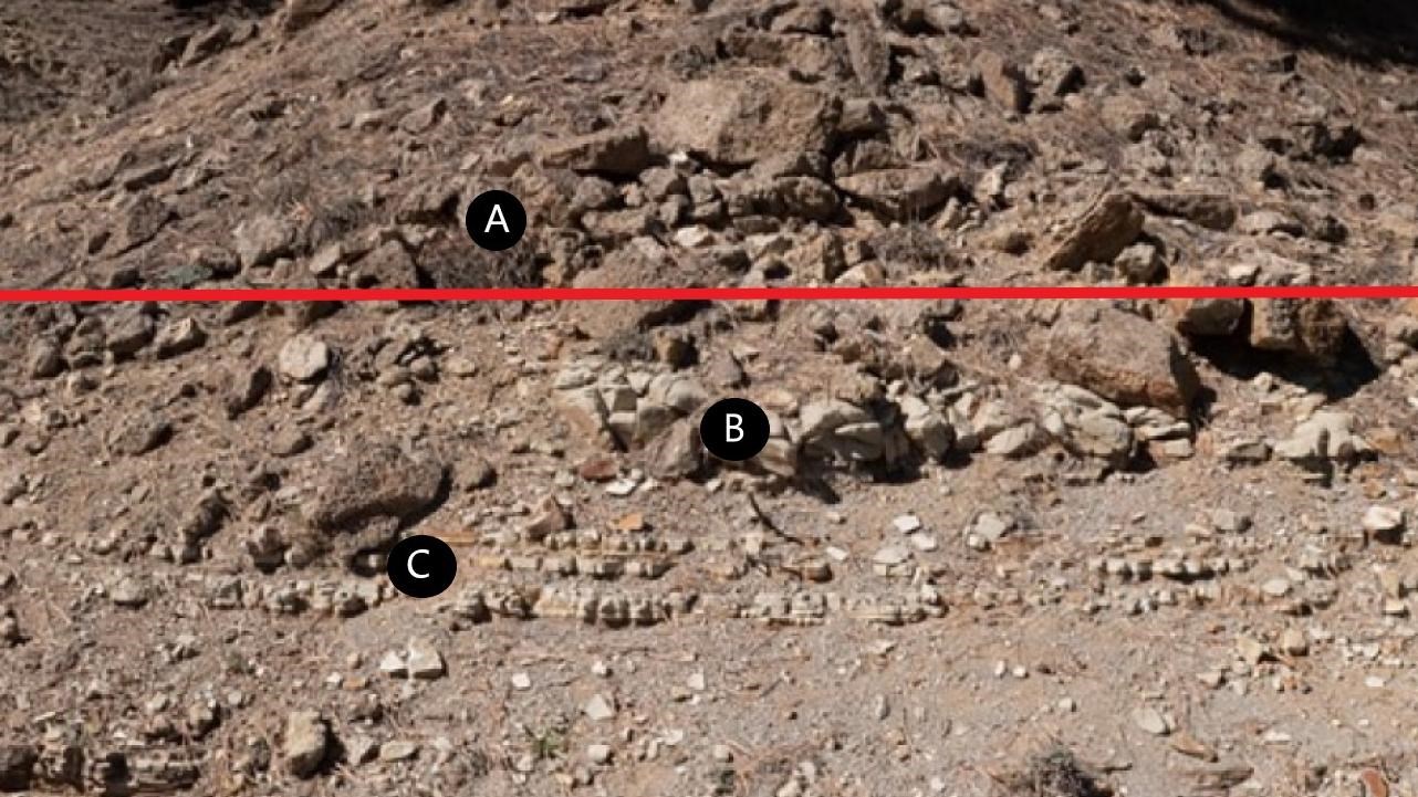 A mound of brown rocks with a line of grey shale
