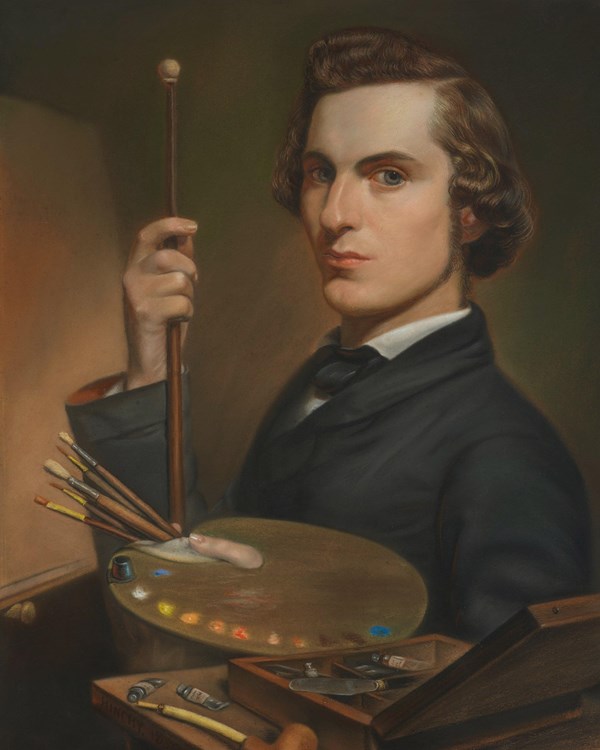 Color drawing of a man holding a paintbrush and palette