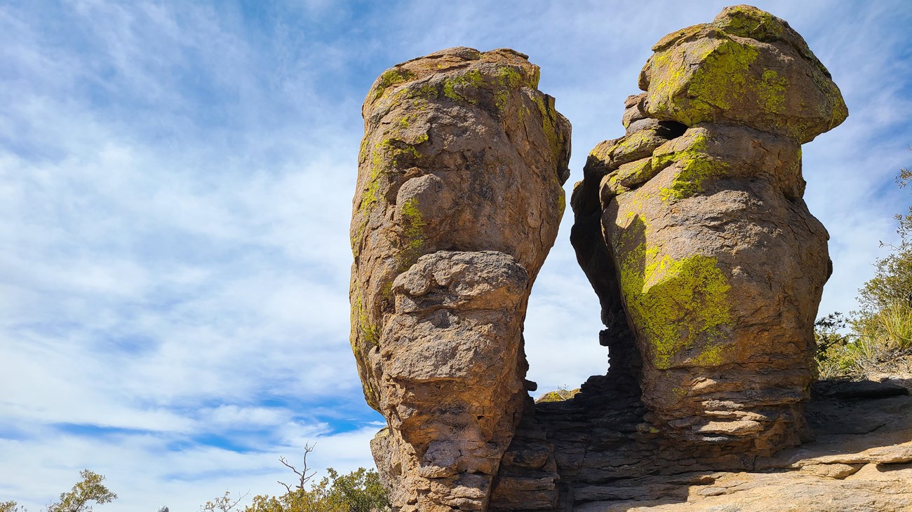 two large rocks stick up from the dry earth, with trees behind
