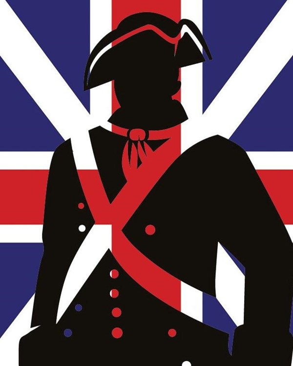 A man in silhouette only, wearing an 18th Century style military uniform.