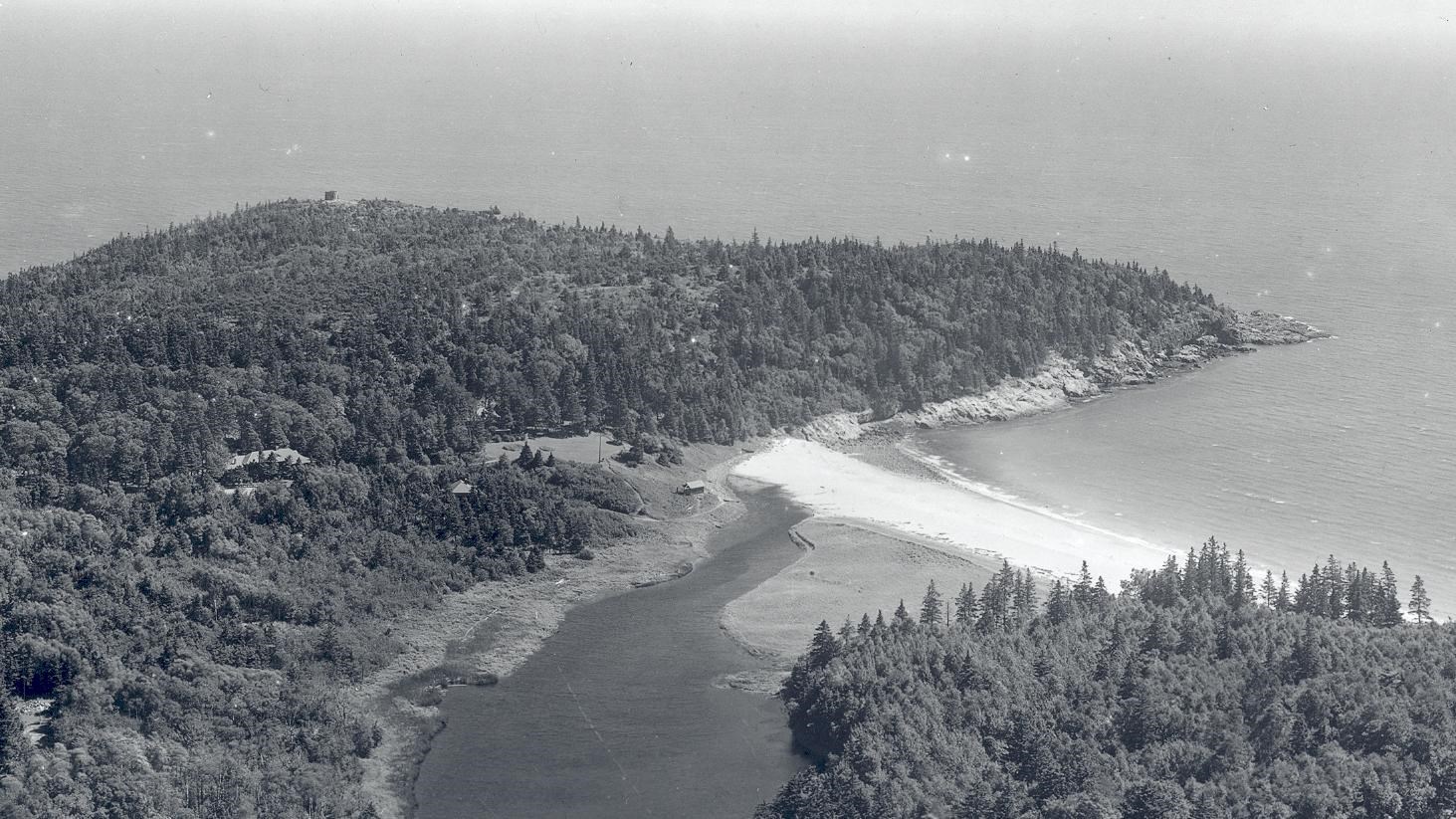 A black and white photo of a beach and a tree-filled peninsula, taken from a bird’s eye view.