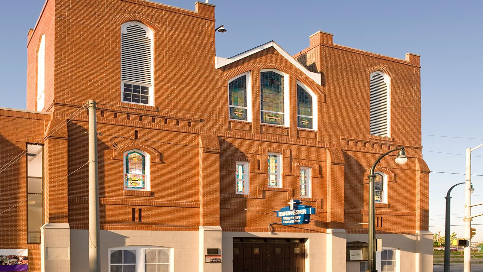 Red brick exterior of historic Ebenezer Baptist Church.