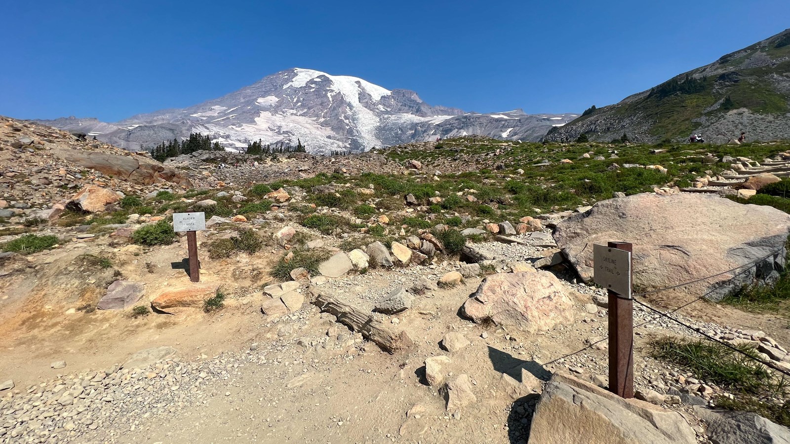 V-shaped trail junction is surrounded by open meadow and rocks with glaciated summit to the north